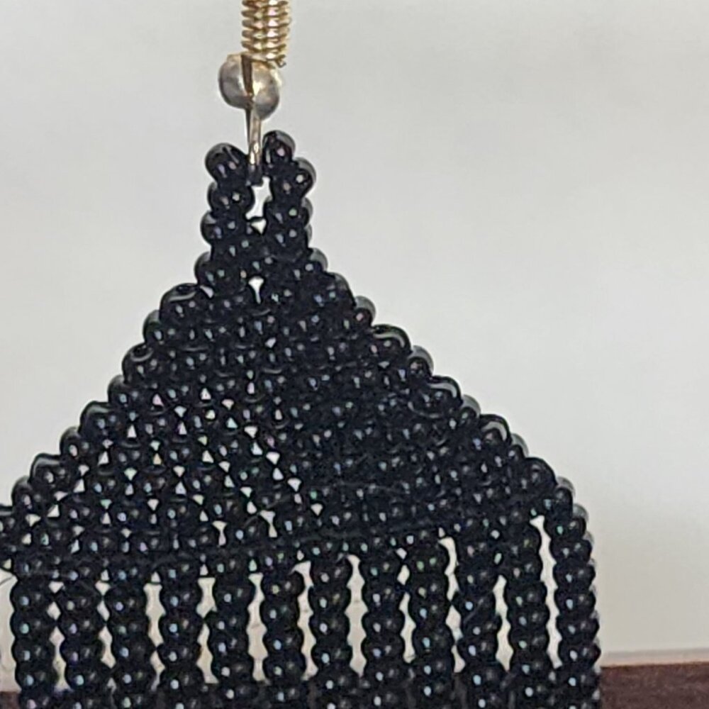 Coal Black Handmade Beaded Chandelier Shepard's Hook Earrings for Pierced Ears - Picture 4 of 16